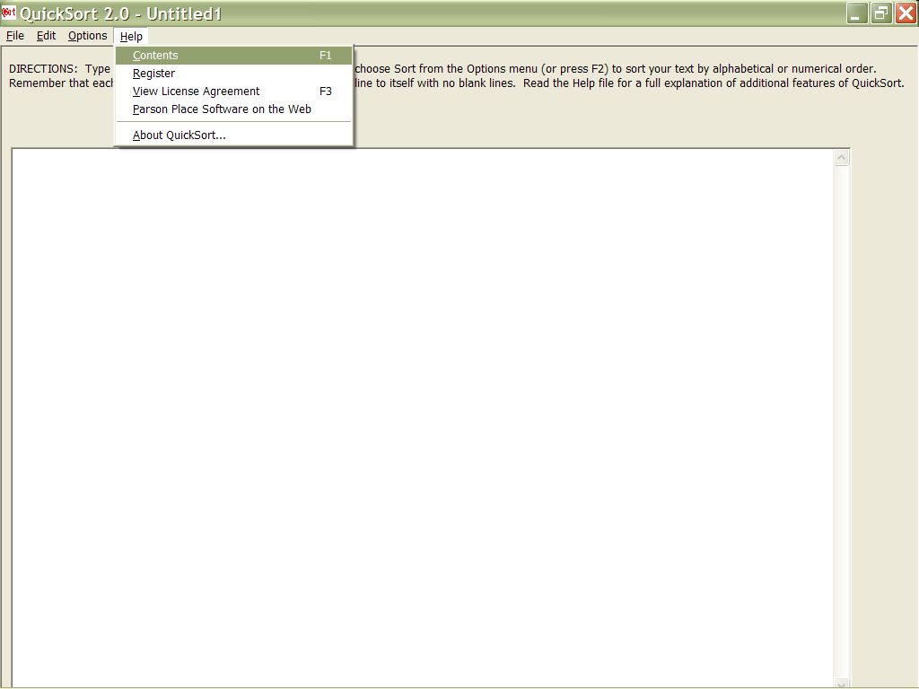 QuickSort 2.0 Help Menu